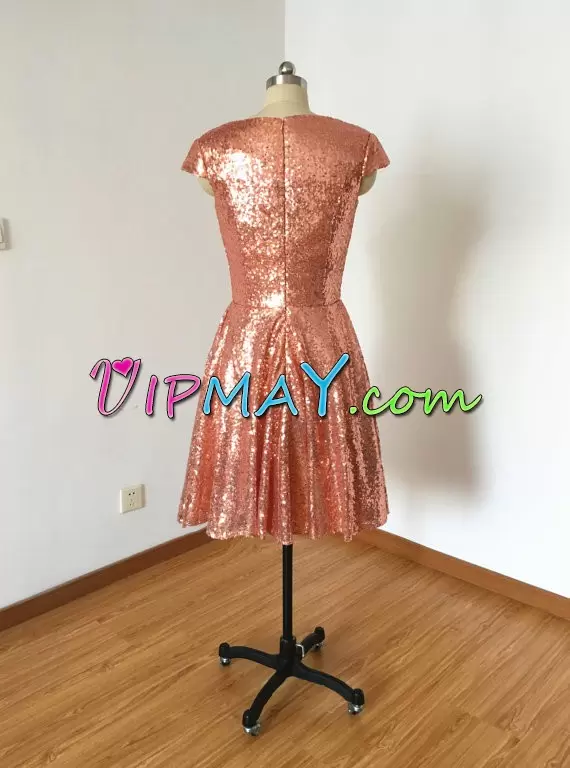 Rust Red A-line Sequins Homecoming Dress Zipper Sequined Cap Sleeves Mini Length