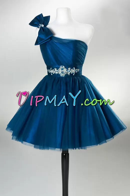 One Shoulder Sleeveless Lace Up Prom Evening Gown Navy Blue Tulle Beading and Bowknot