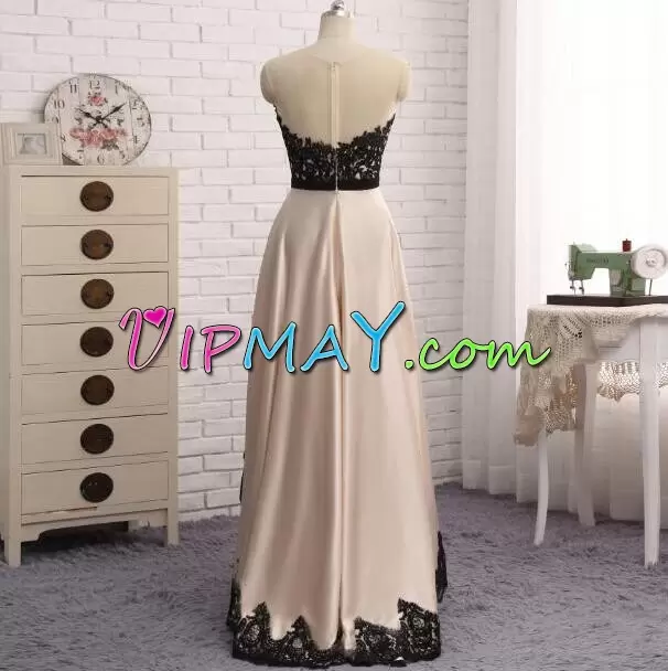 Deluxe Sleeveless Satin High Low Zipper Prom Dresses in Champagne with Lace and Appliques