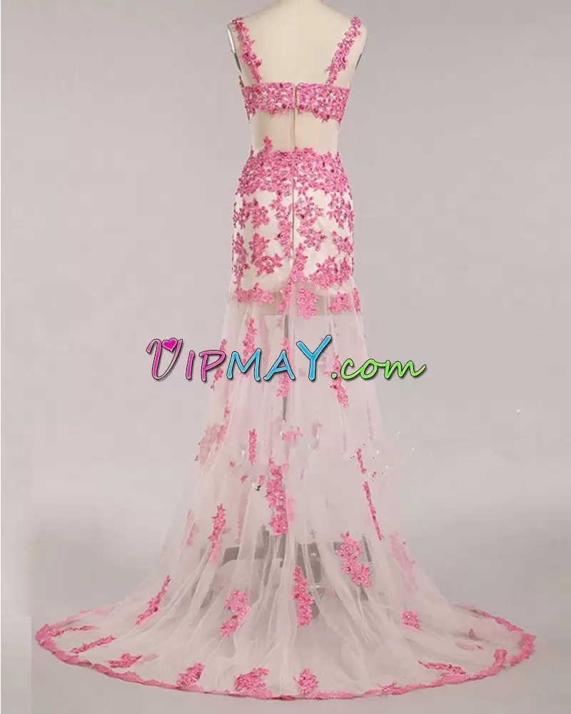 Artistic Sweep Train Mermaid White and Pink Spaghetti Straps Satin Sleeveless Floor Length Lace Up