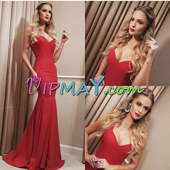 Cheap Red Mermaid Ruching Homecoming Dress Online Lace Up Satin Sleeveless Floor Length