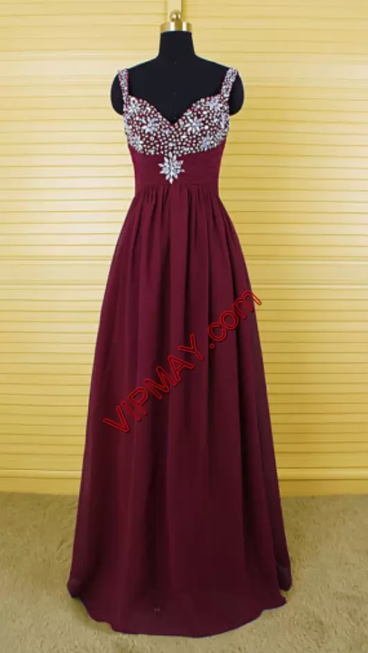 Unique Burgundy Straps Neckline Beading Sleeveless Lace Up