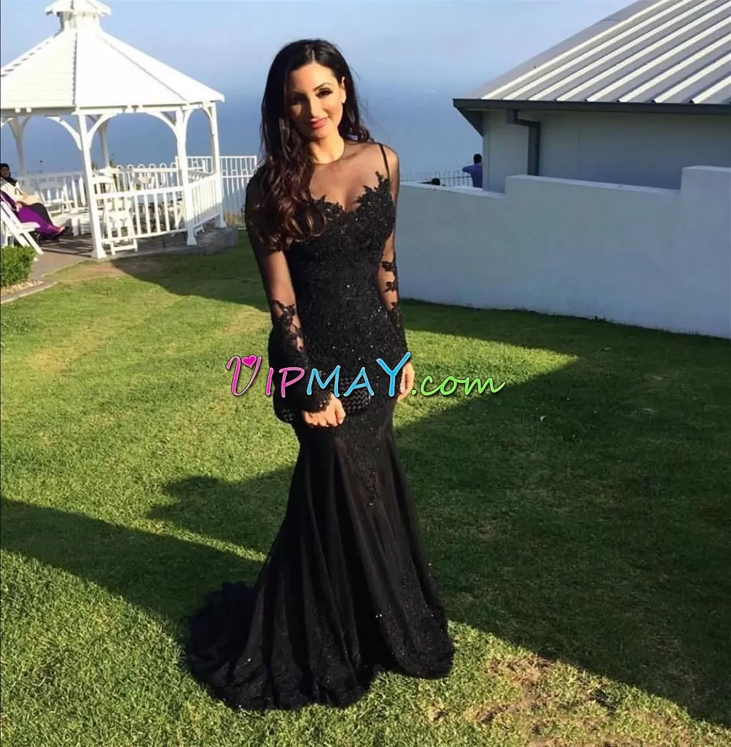 Black Lace Up Scoop Appliques Formal Evening Gowns Lace Long Sleeves Sweep Train