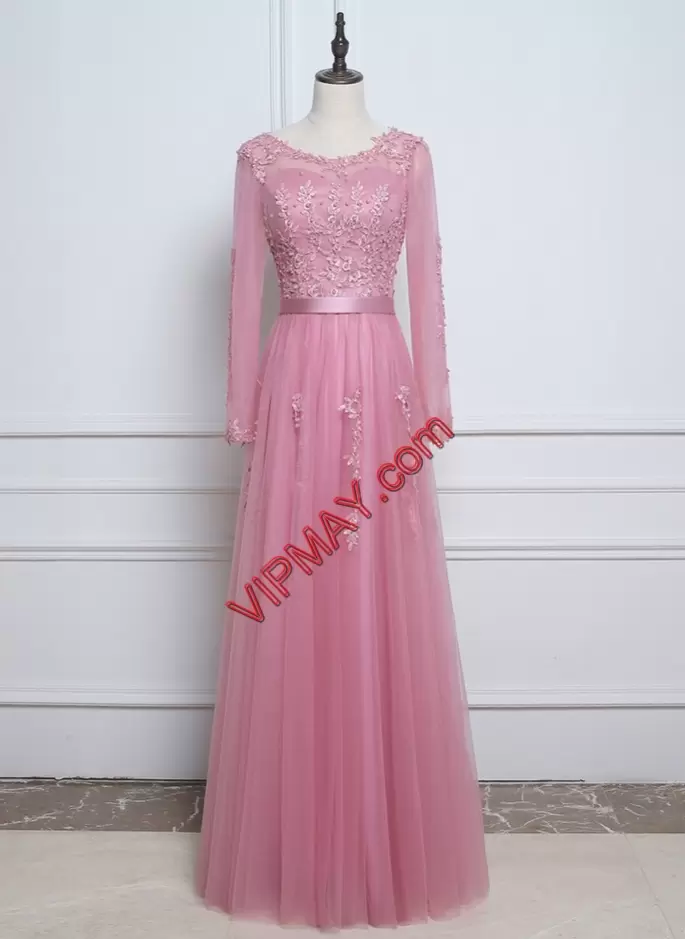 Best Selling Pink Tulle Lace Up Scoop Long Sleeves Floor Length Evening Dress Lace and Appliques