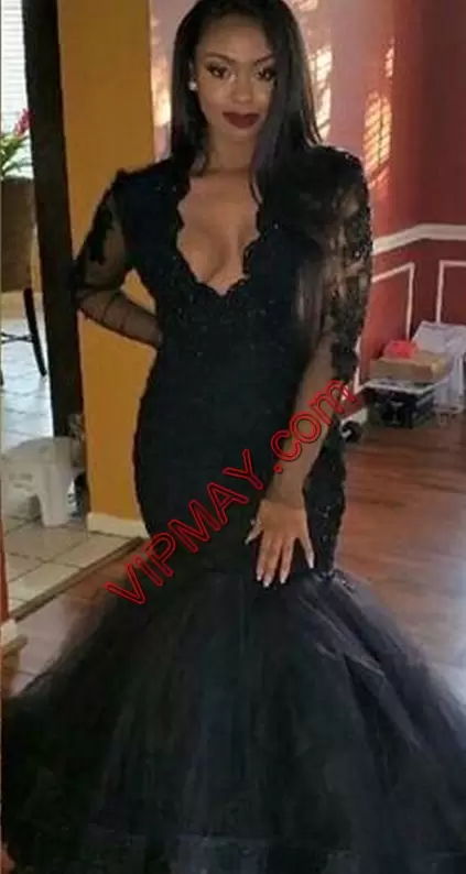 Colorful Black Prom Dress Prom and Party with Appliques V-neck Long Sleeves Sweep Train Lace Up