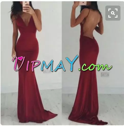 Fashionable Burgundy Hoco Dress V-neck Sleeveless Sweep Train Backless