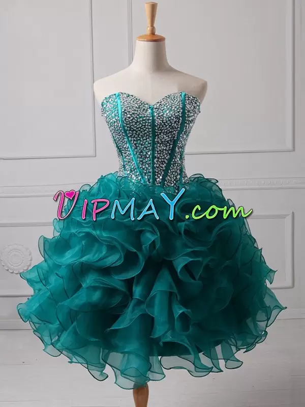 Fantastic Sweetheart Mini Length Beading and Ruffles Green Organza