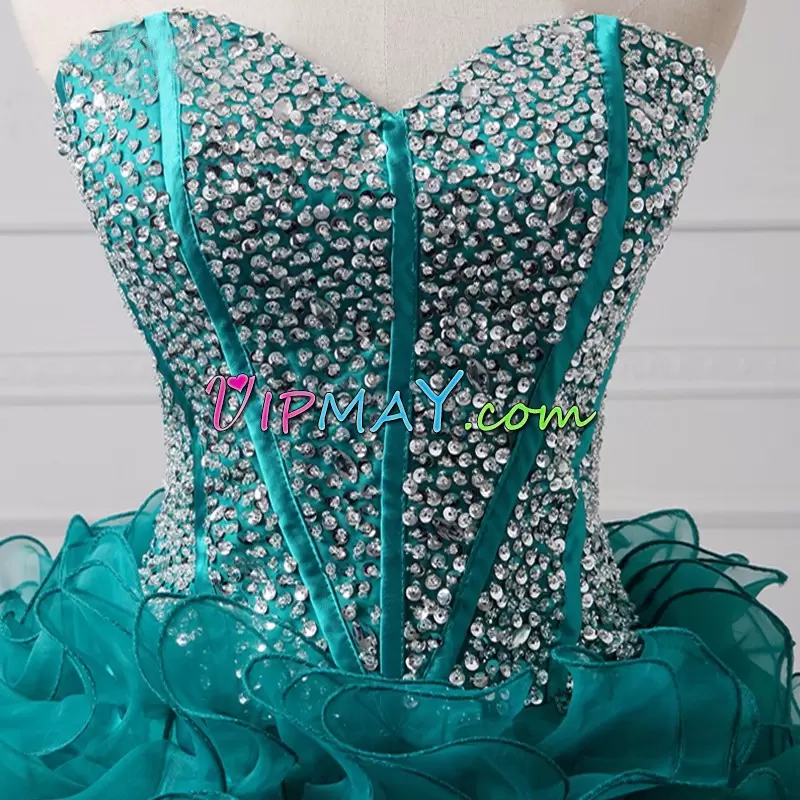 Fantastic Sweetheart Mini Length Beading and Ruffles Green Organza