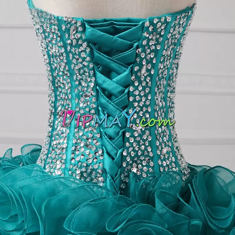 Fantastic Sweetheart Mini Length Beading and Ruffles Green Organza