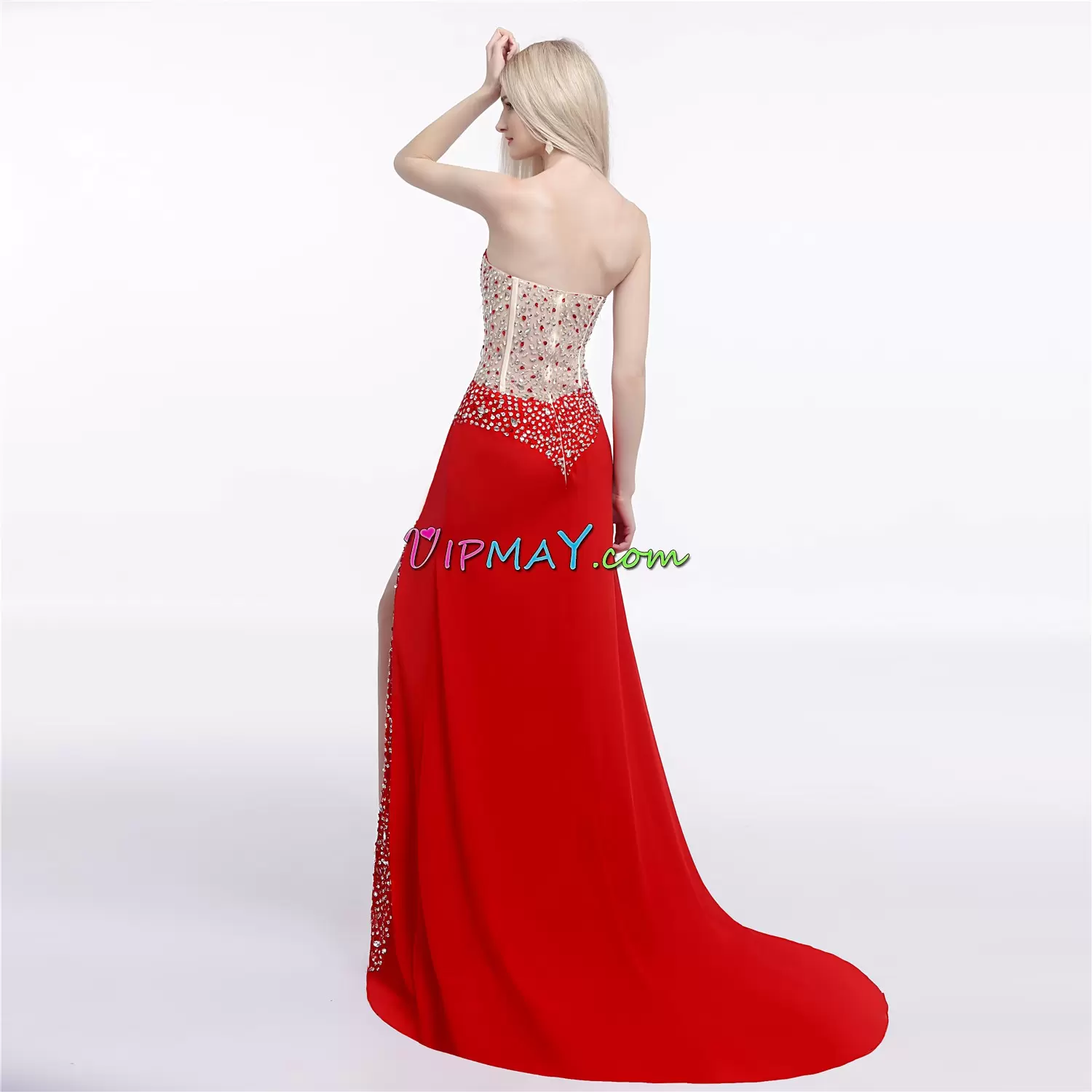 Fancy Red Zipper Prom Party Dress Beading Sleeveless Sweep Train