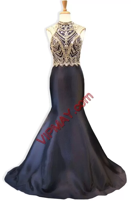 Mermaid Sleeveless Black Homecoming Gowns Sweep Train Backless