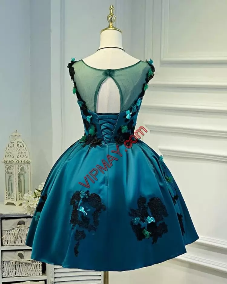 Free and Easy Teal Satin Lace Up Homecoming Dress Sleeveless Mini Length Appliques