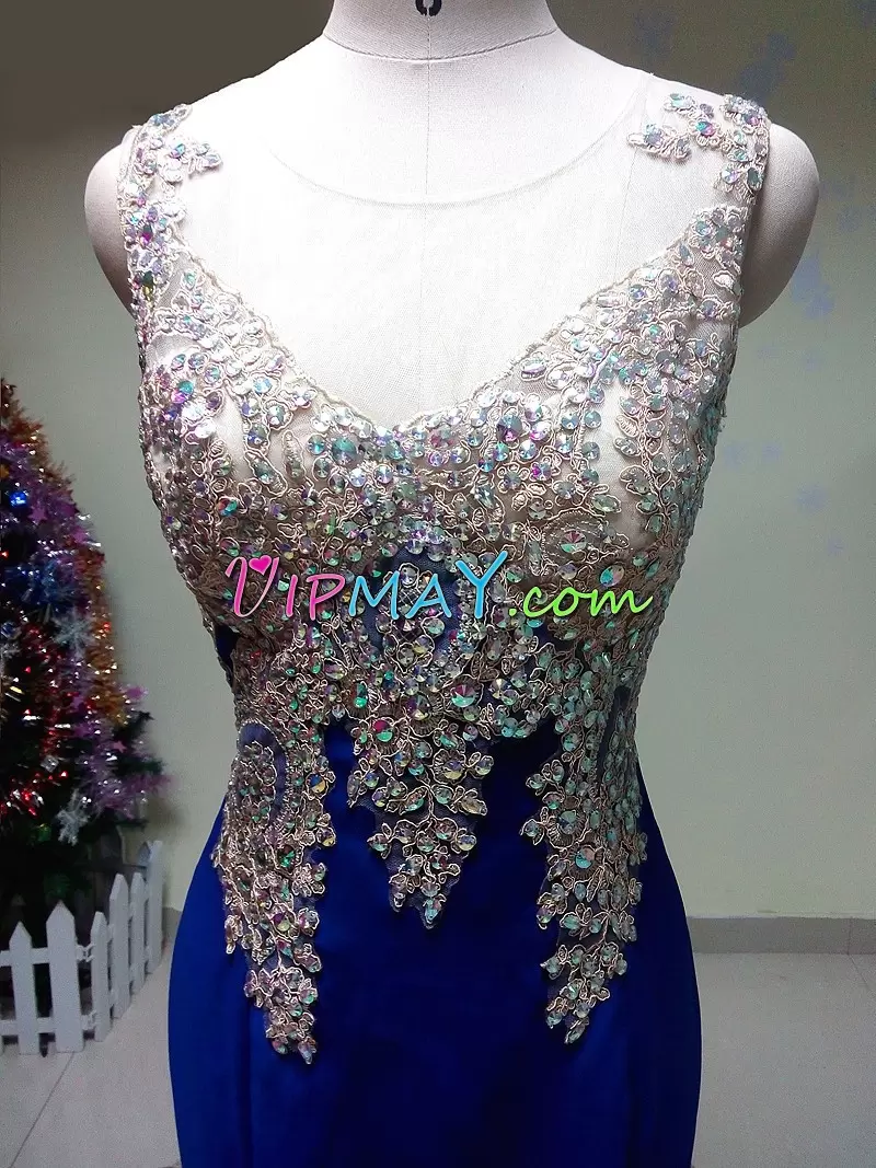 Modern Royal Blue Mermaid Scoop Sleeveless Beading Side Zipper Prom Party Dress Sweep Train