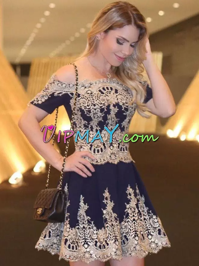 Fine Royal Blue and Navy Blue Sleeveless Mini Length Lace and Appliques Hoco Dress Off The Shoulder