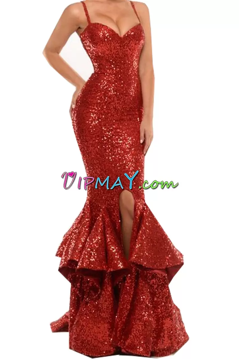 long sequin homecoming dress,sequined homecoming dress,fitted red homecoming dress,red dress for homecoming,mermaid style party dress,mermaid dress for homecoming,homecoming dress with slit,homecoming dress with straps,spaghetti straps homecoming dress,