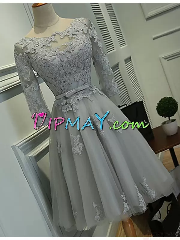 Grey Half Sleeves Knee Length Lace Lace Up Scoop Prom Dress