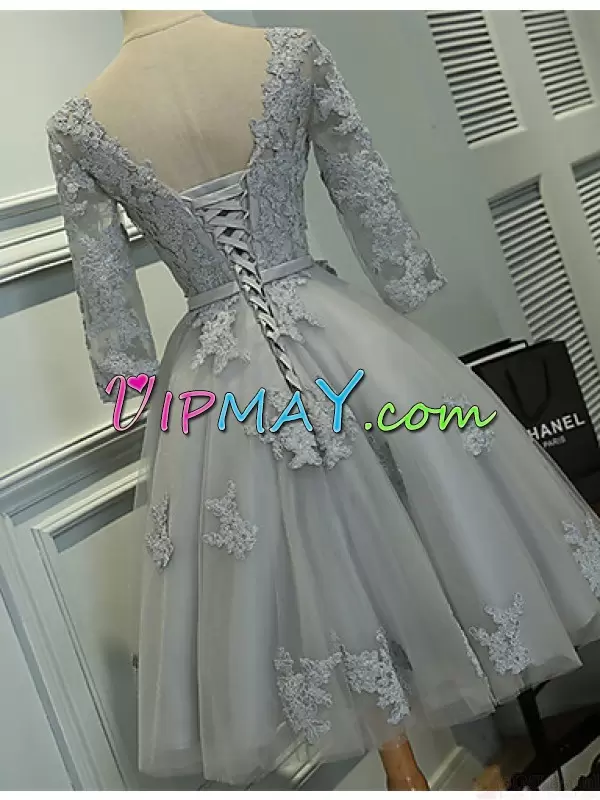 Grey Half Sleeves Knee Length Lace Lace Up Scoop Prom Dress