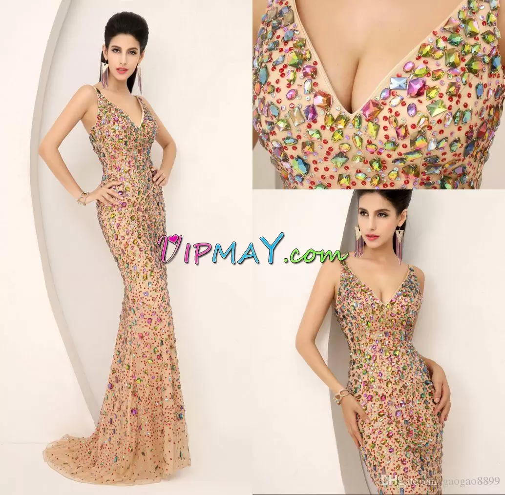 Straps Sleeveless Sweep Train Lace Up Dress for Prom Champagne Beading