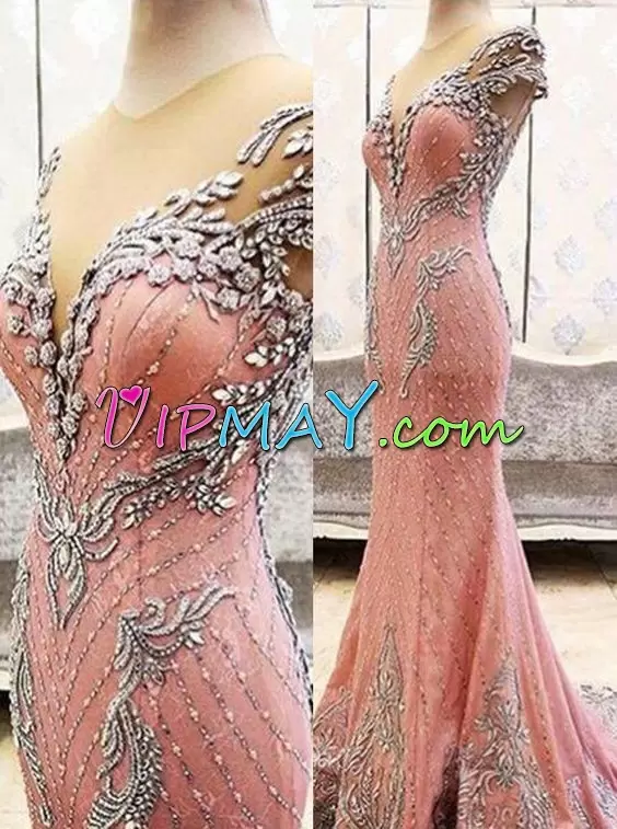 Comfortable Pink Prom Homecoming Dress Prom and Party and Military Ball with Beading Scoop Sleeveless Sweep Train Lace Up