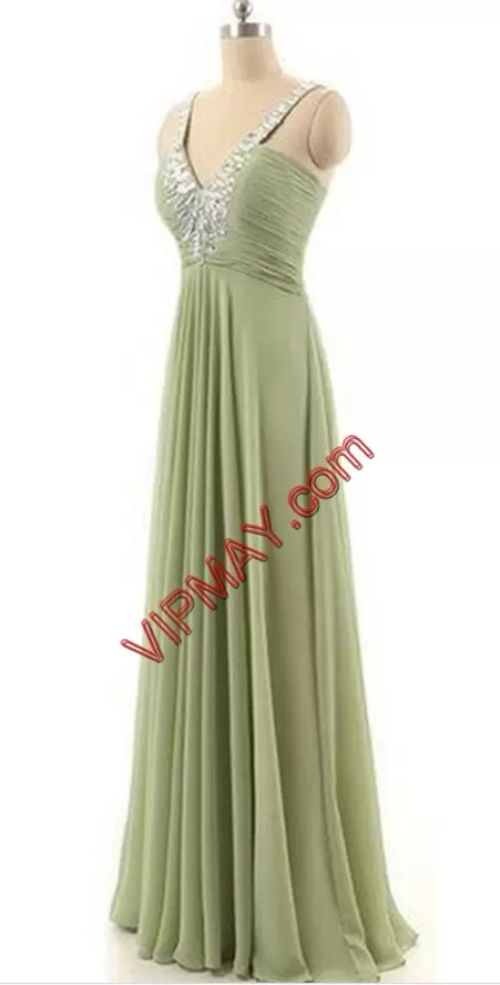 Exquisite Sleeveless Floor Length Beading Lace Up Prom Dress with Green