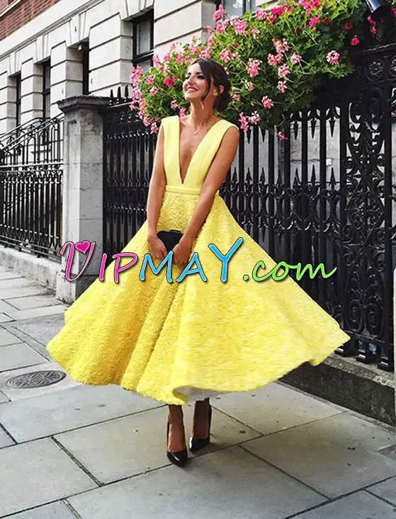 Nice Yellow A-line V-neck Sleeveless Lace Ankle Length Lace Up Lace Prom Evening Gown