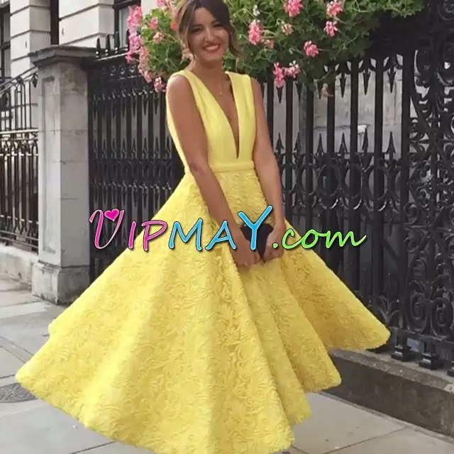 Nice Yellow A-line V-neck Sleeveless Lace Ankle Length Lace Up Lace Prom Evening Gown