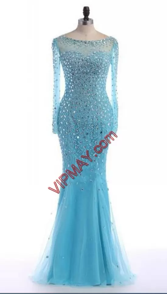 Baby Blue Scoop Zipper Beading Formal Evening Gowns Long Sleeves