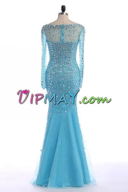 Baby Blue Scoop Zipper Beading Formal Evening Gowns Long Sleeves