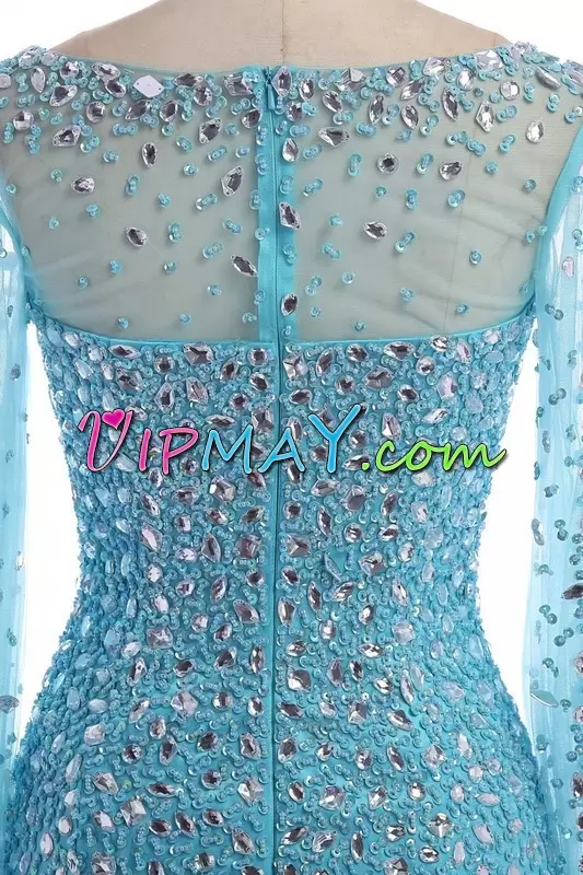 Baby Blue Scoop Zipper Beading Formal Evening Gowns Long Sleeves