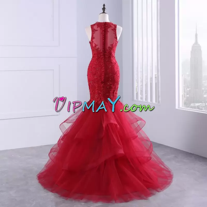 Red Zipper Prom Party Dress Lace and Appliques Sleeveless Sweep Train