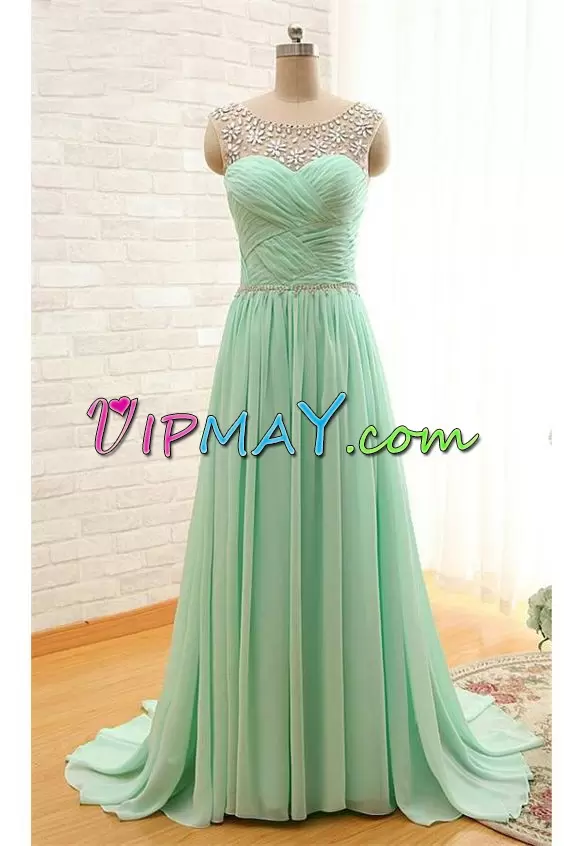 Customized Scoop Chiffon Homecoming Dress Beading and Ruching Sweep Train