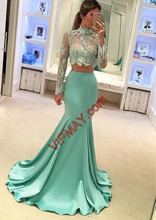 Dazzling Aqua Blue Backless Evening Dress Beading and Lace Long Sleeves Sweep Train