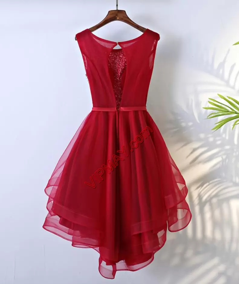 Fantastic Red Backless Scoop Beading Dress for Prom Tulle Sleeveless