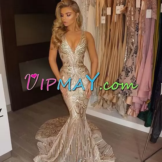 Gold Dress for Prom Prom and Party with Beading and Lace V-neck Sleeveless Sweep Train Backless