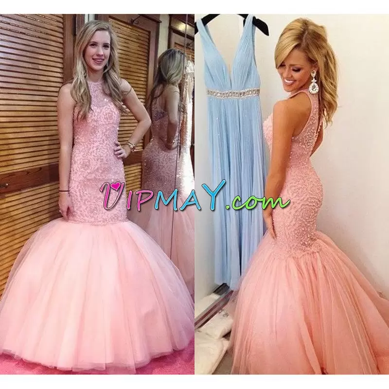 Excellent Mermaid Pink Bateau Tulle Sleeveless Floor Length Zipper