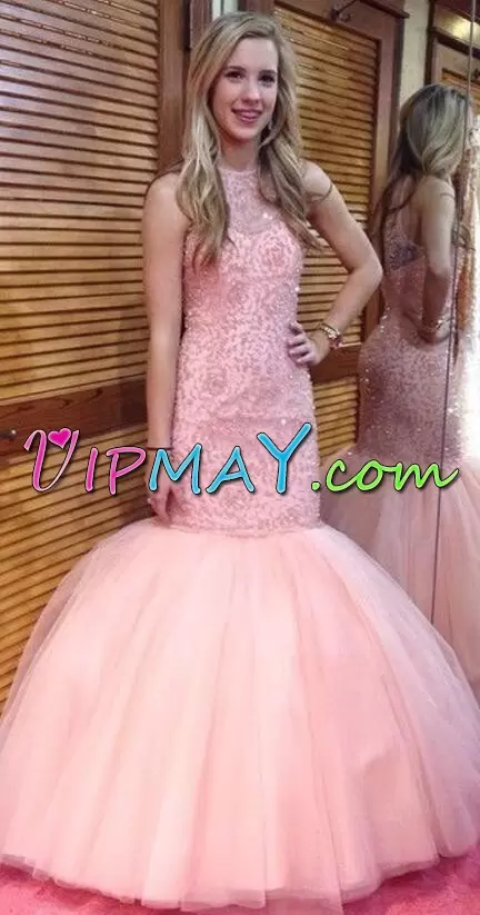 Excellent Mermaid Pink Bateau Tulle Sleeveless Floor Length Zipper