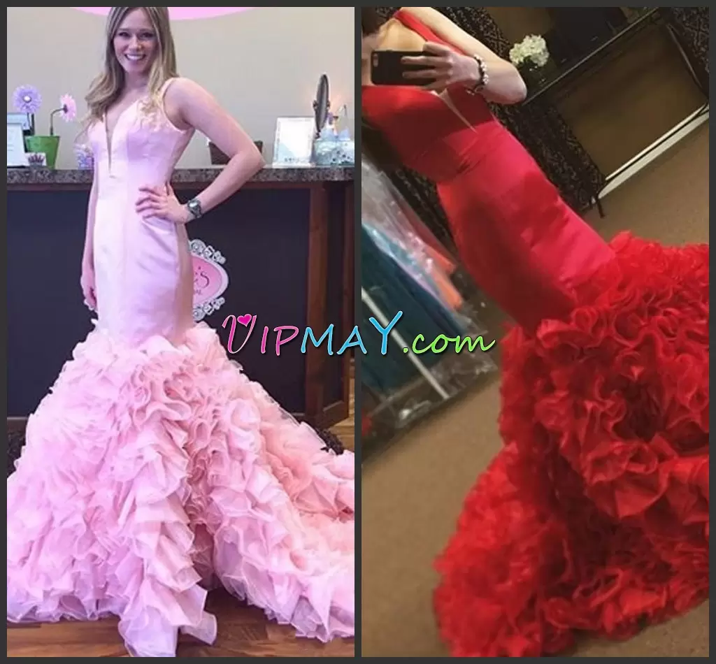 Lace Up Prom Dresses Red and Pink for Prom and Party with Ruching Sweep Train