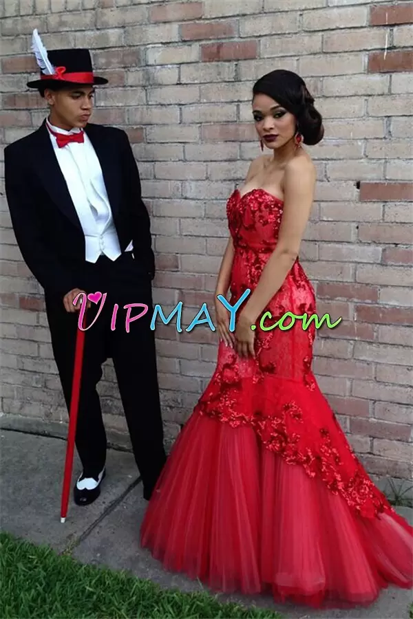 Fitting Floor Length Red Homecoming Gowns Tulle Sleeveless Appliques