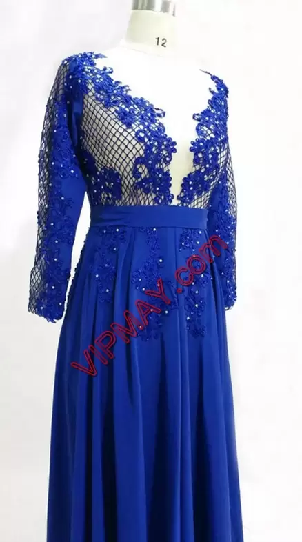 Excellent V-neck Long Sleeves Prom Dress Floor Length Appliques Royal Blue Chiffon