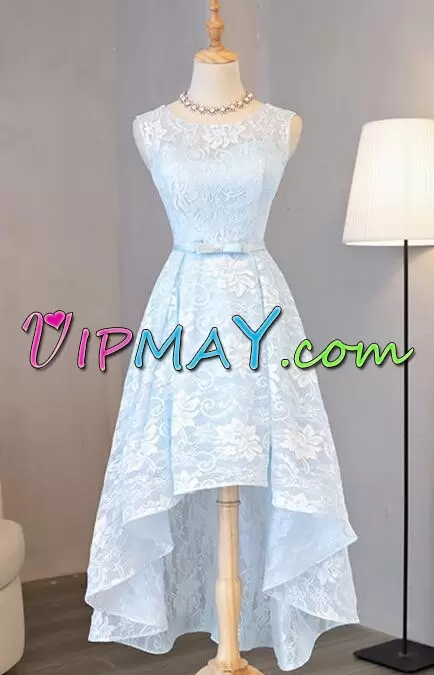 Ideal Scoop Sleeveless Zipper Prom Party Dress Baby Blue Lace Bowknot