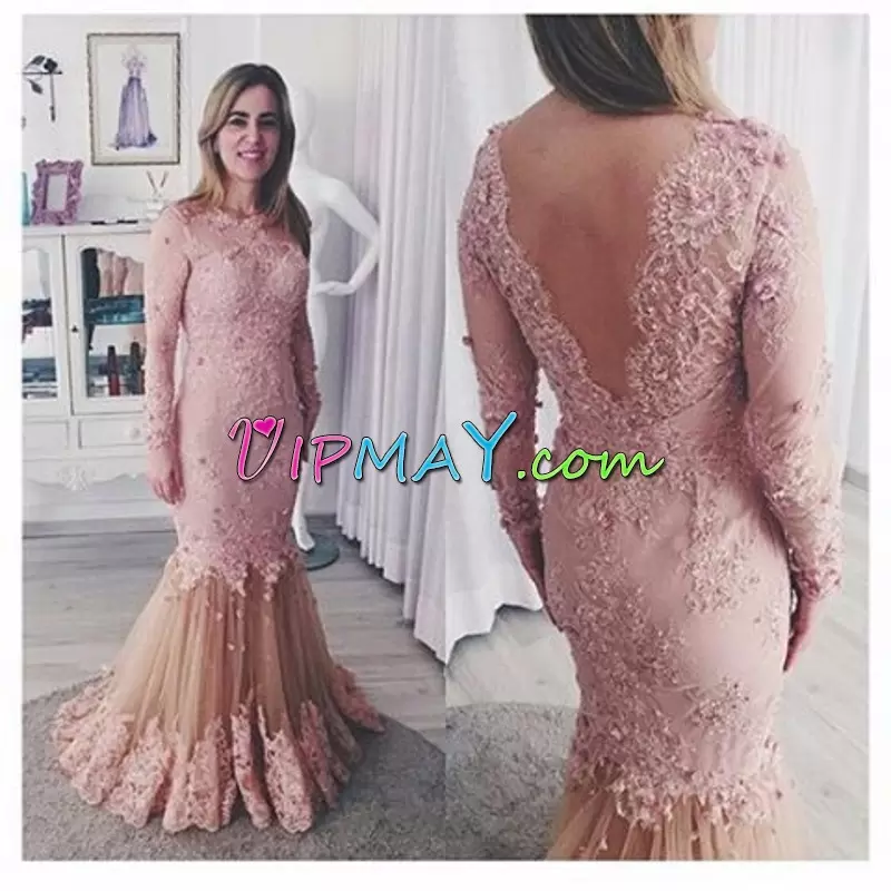 Affordable Pink Backless Junior Homecoming Dress Appliques Long Sleeves Floor Length