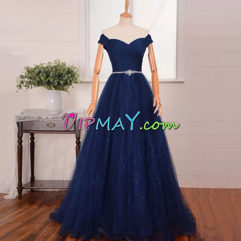 Most Popular Blue Off The Shoulder Lace Up Beading Sleeveless