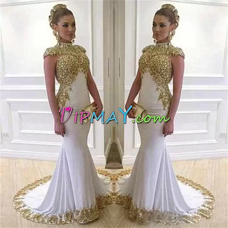 High Class White Cap Sleeves Sweep Train Lace Up Prom Evening Gown for Prom and Party