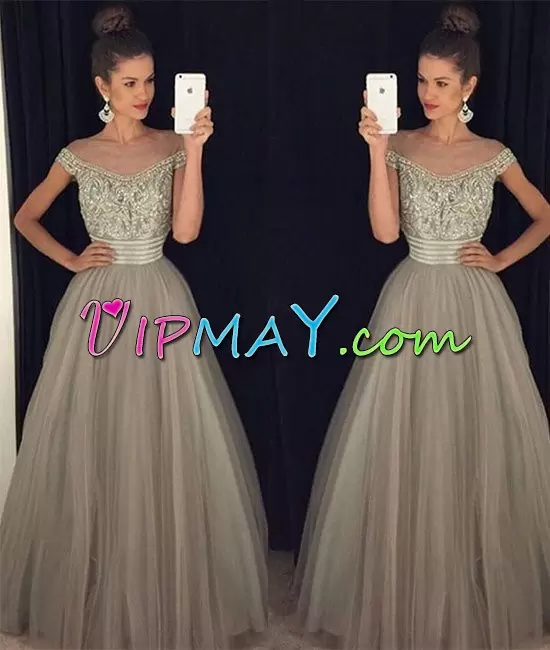 Off The Shoulder Sleeveless Evening Wear Floor Length Beading and Sequins Grey Tulle