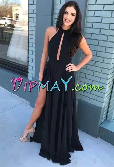 Black Empire Chiffon Halter Top Sleeveless Ruching Floor Length Dress for Prom