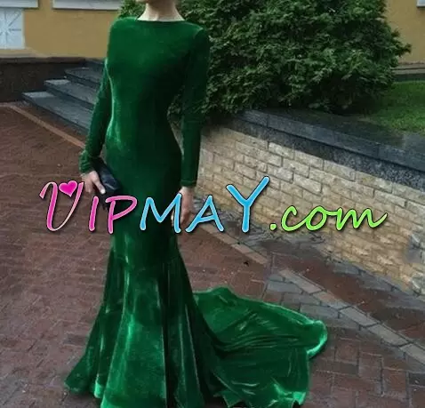 Green Lace Up Scoop Ruching Prom Dresses Long Sleeves Sweep Train