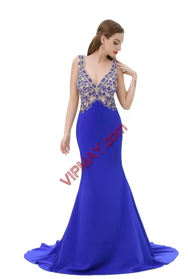 Exceptional Royal Blue Chiffon Backless Homecoming Dress Online Sleeveless Sweep Train Beading