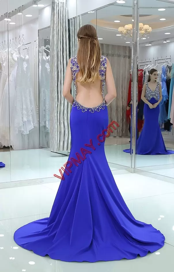 Exceptional Royal Blue Chiffon Backless Homecoming Dress Online Sleeveless Sweep Train Beading