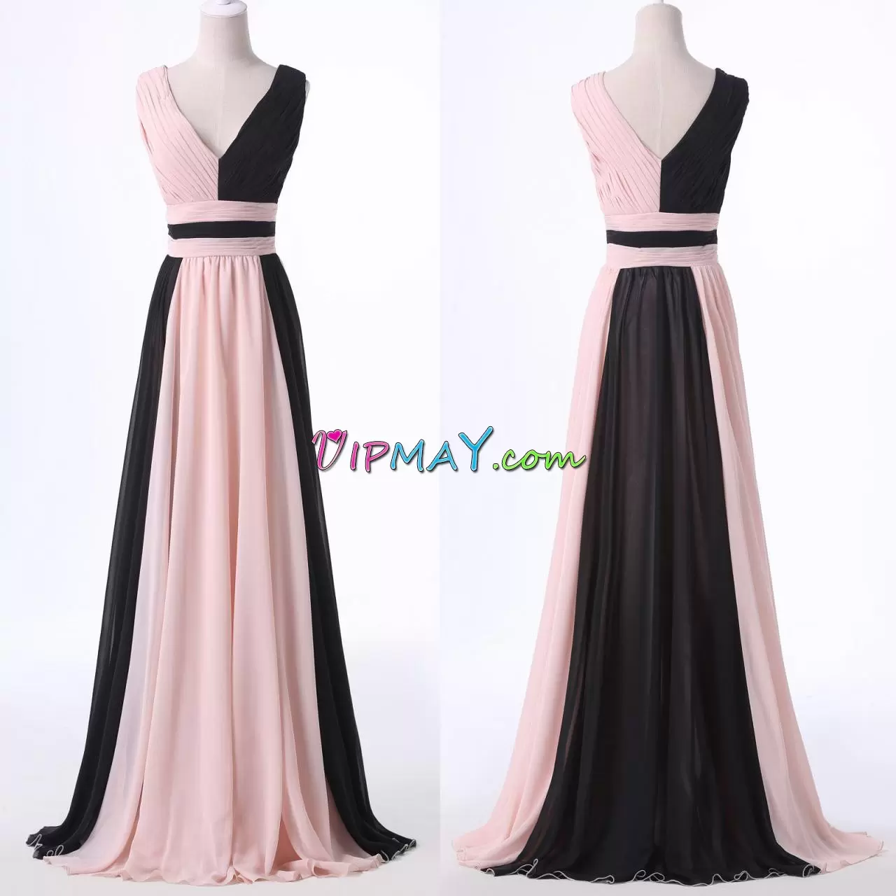 New Style Pink And Black Prom Dress Chiffon Sweep Train Sleeveless Ruching