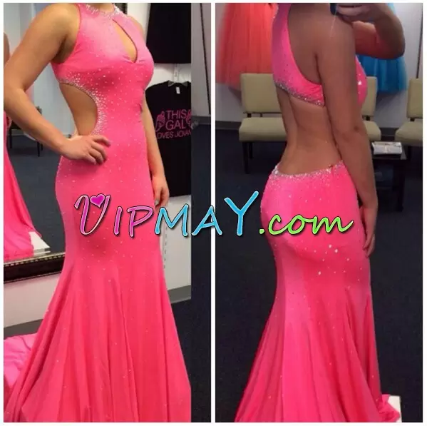 Popular Backless Hoco Dress Pink for Prom and Party with Beading Brush Train